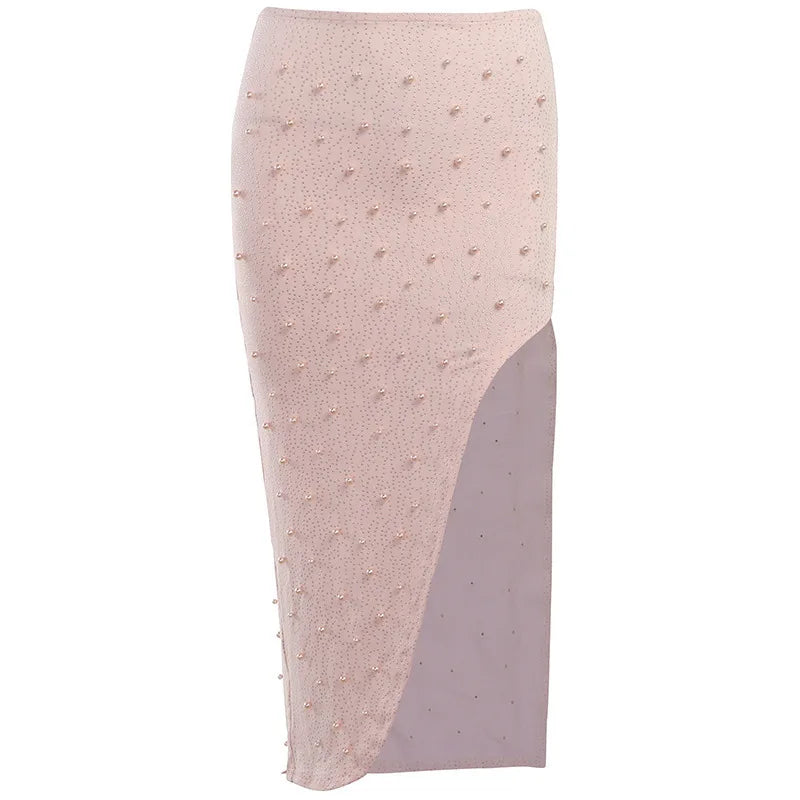 Luxury Y2k Bodycon Sexy Two-piece Set Skirt Sets Sequins Pearls Women Outfits Evening Party Gowns Chic Dresses Short Suits White