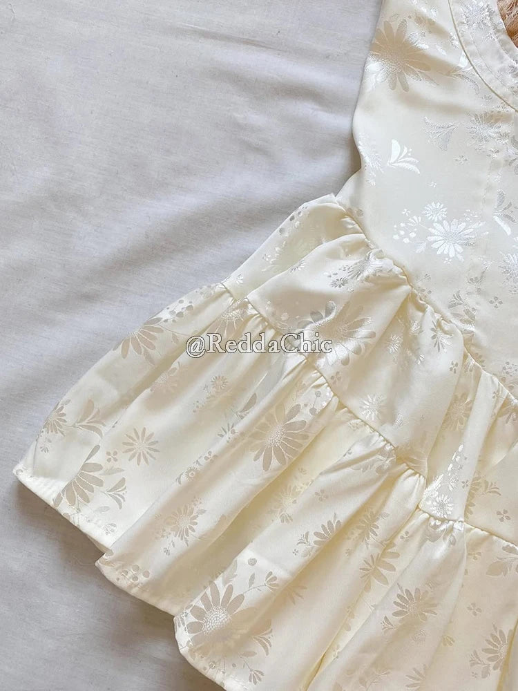 ReddaChic Mini Cami Dress with Built-in Shorts Spaghetti Straps Glossy Floral Women Satin Rompers One Piece Puffy Pants Party