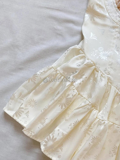 ReddaChic Mini Cami Dress with Built-in Shorts Spaghetti Straps Glossy Floral Women Satin Rompers One Piece Puffy Pants Party