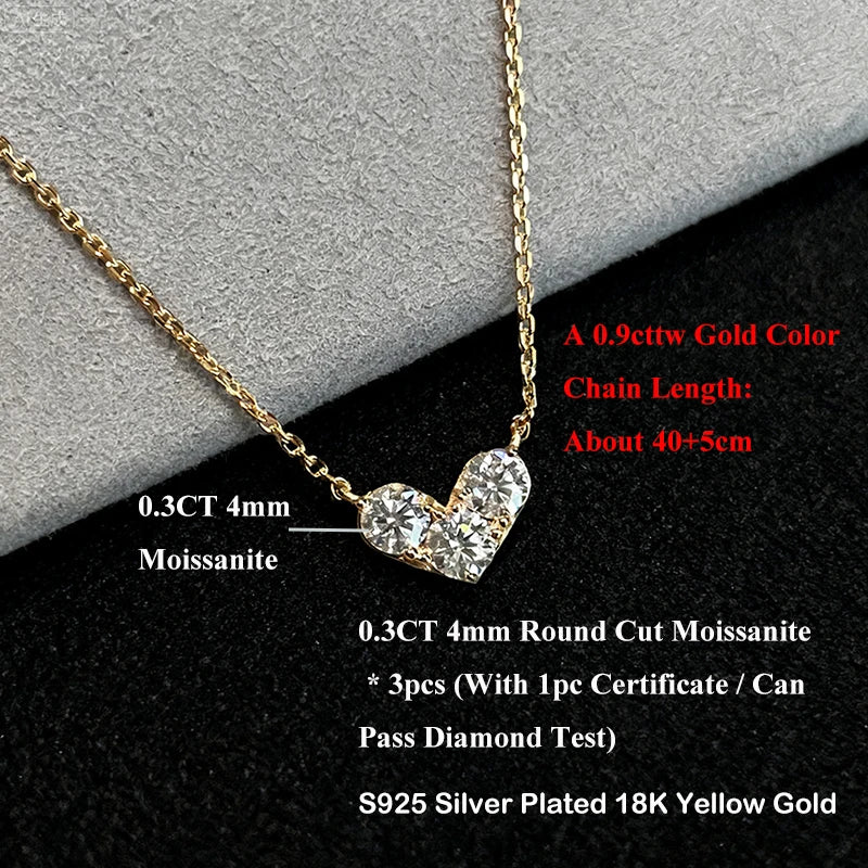 EWYA 3-Stone Round Cut Full Moissanite Pendant Necklace Heart Shape for Woman 925 Silver Certified Lab Diamond Lucky Neck Chain