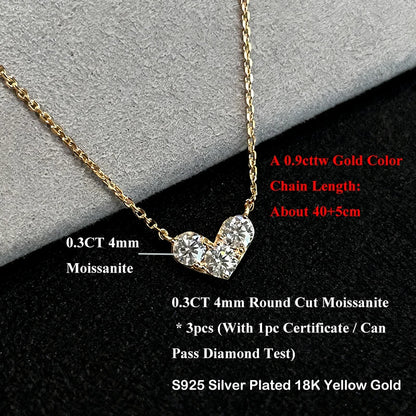 EWYA 3-Stone Round Cut Full Moissanite Pendant Necklace Heart Shape for Woman 925 Silver Certified Lab Diamond Lucky Neck Chain