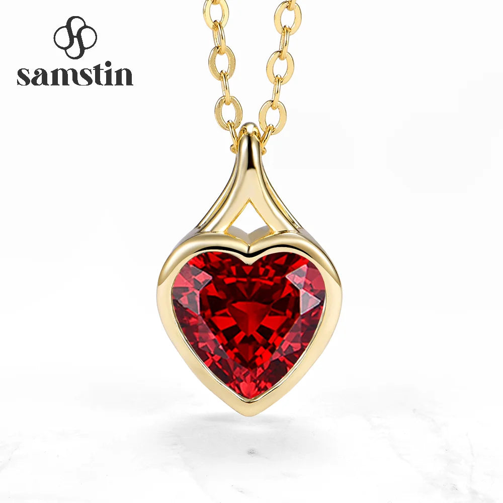 Samstin 2CT Heart Cut Lab Grown Ruby Necklace for Women Solid 14K 10K Yellow Gold Cyan Moissanite for Christmas Gifts Party