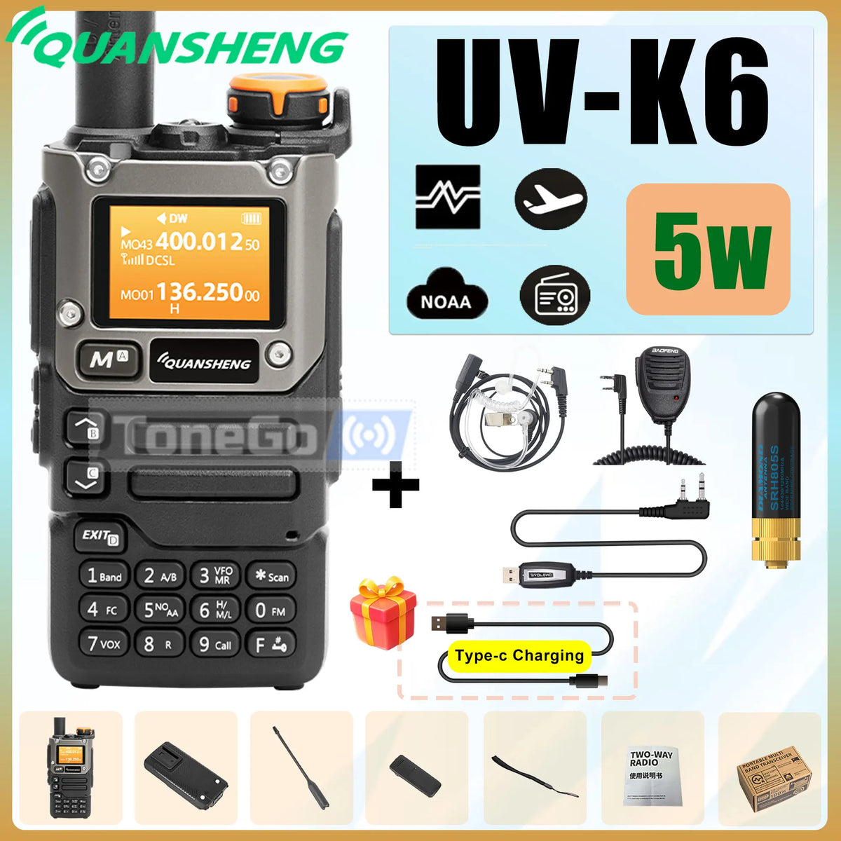 Quansheng UV-K6 Walkie Talkie 5W AM FM 50-600MHz USB-C Direct Charge NOAA Weather Multi Band UV-K58 UV-K5(8) Two Way Radio
