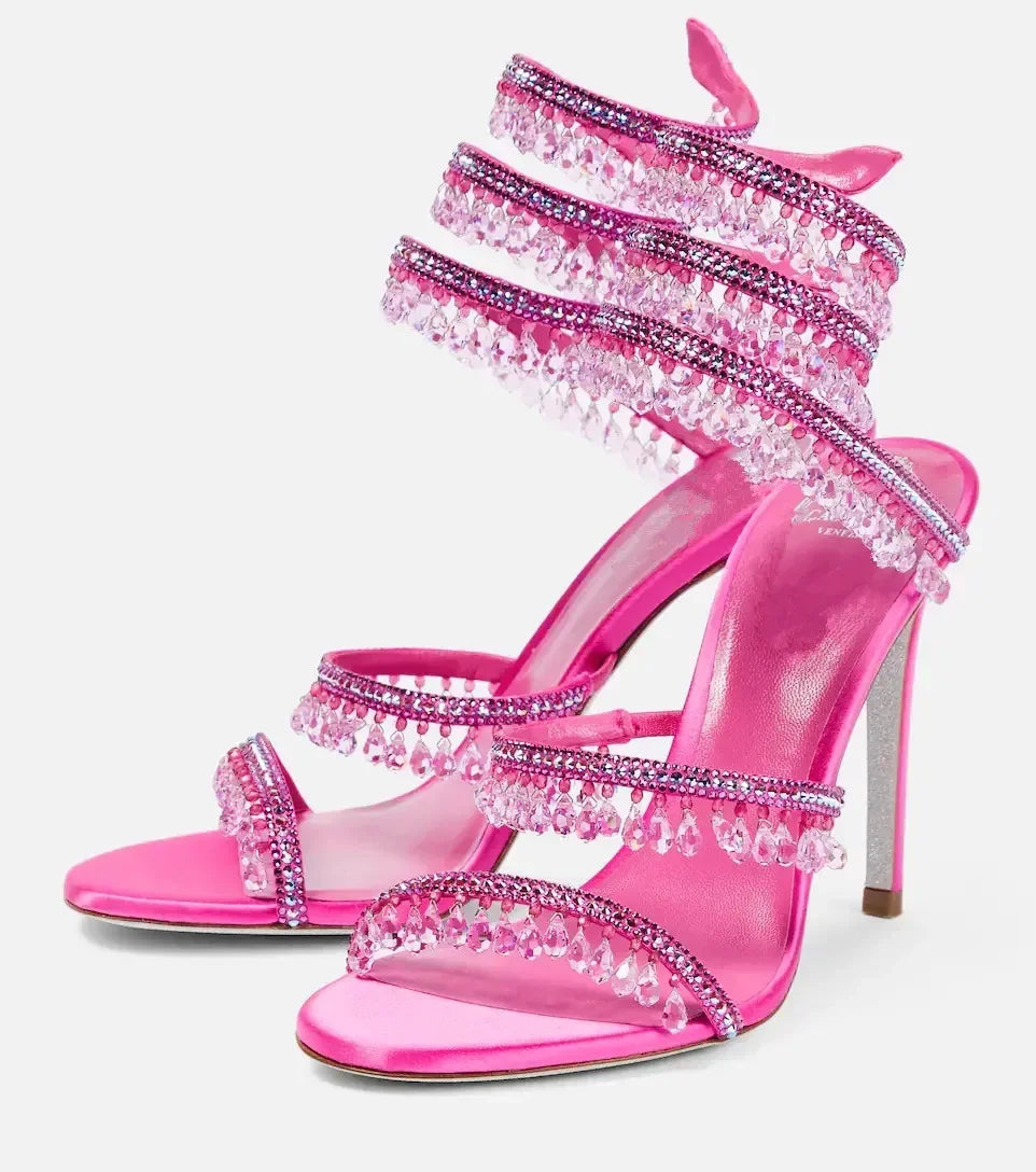 2026Women's New Water Diamond Sandals Fashion Tassel Crystal Shoes Sexy Banquet Party Twin Stiletto Women's Large Sandals