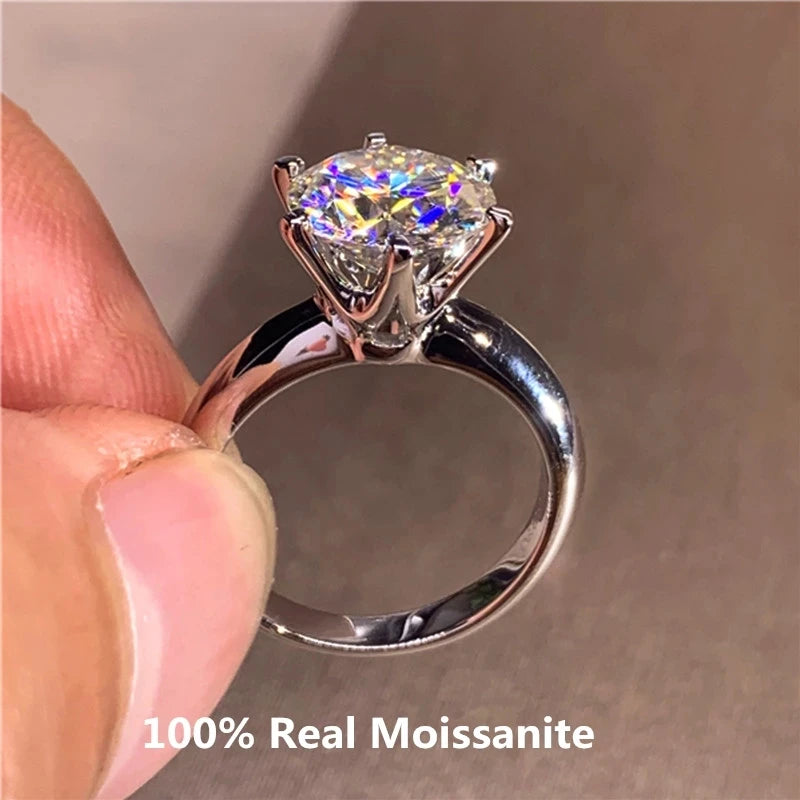 Classic 6 Prongs 5 Carat Round Moissanite Rings 925 Sterling Silver High Clarity D Color Diamond Woman 14K Gold Plated Jewelry