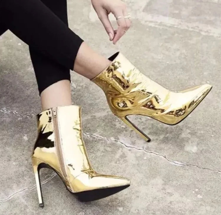 Design Ankle Boots Women Fashion Zipper Pointed  High Heels Gold Silver Patent Leather Short Booties Shoes Catwalk Shoes