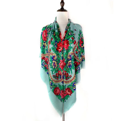 130*130cm Breathable Thin Russian Square Scarf Women Luxury Floral Print Ethnic Retro Bandana Shawl Foulard Femme Beach Stole
