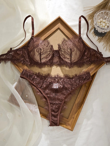 Ladies' Basic Style Thin Lace Bra And Panty Set Seamless Single Layer Eyelet Underwear Comfortable Intimate Apparel