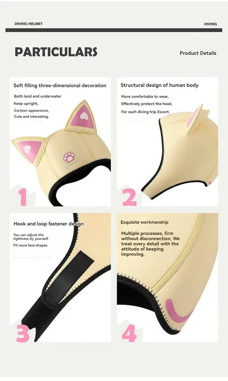 Cool Cute Cat Ears Diving Hood 3mm Neoprene Women Snorkel Scuba Cap w/ Adjustable Chin Strap,Thermal for Surfing & Water Sports