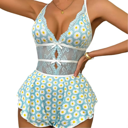 Summer Sleepwear Front Button Cherry Print V-Neck Short Sleeve Romper Onesies Women's Pajamas Nightgown Loungewear