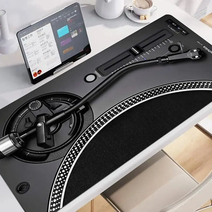 Retro Vinyl Turntable DJ Design Extended Mouse Pad Non‑Slip Rubber Base Tech Style Large Gaming Desk Table Play Mat PC Laptop