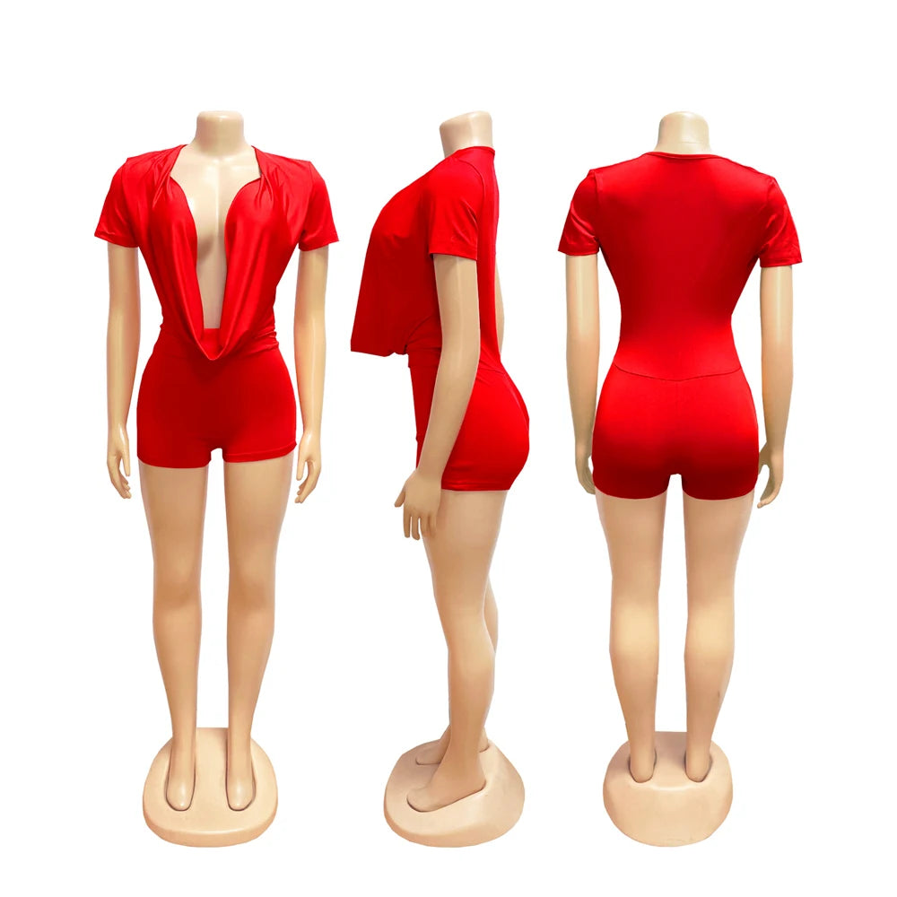 2026 Spring New Ruched Deep V Bodycon One Piece Rompers Women Short Sleeve Slim Jumpsuits Sexy Baddest Solid Color Overalls