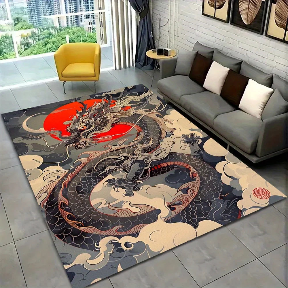 Japanese Ukiyo-e Dragon Print Flannel Area Rug, Non-slip Soft Floor Mat for Living Room Bedroom Home Decor