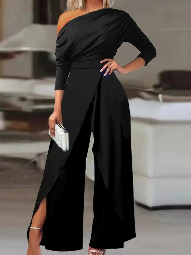 Casual Off Shoulder Jumpsuits Women Spring Autumn Irregular Ruched Wide Leg One Pieces Sets Office Ladies Elegant Party Romper