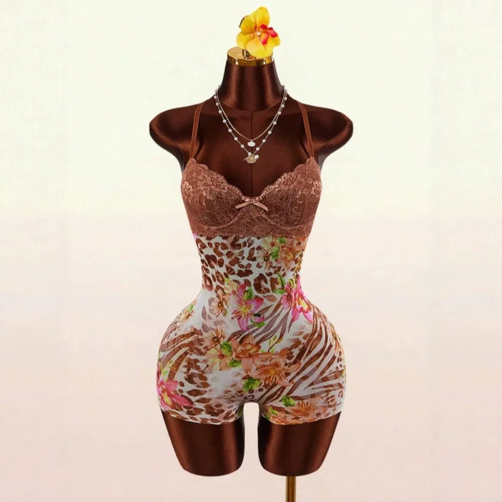 HLJ&GG Vintage Flowers Print Mesh Spaghetti Strap Bodycon One Piece Rompers Women V Neck Sleeveless Jumpsuits Fashion Overalls