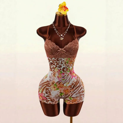 HLJ&GG Vintage Flowers Print Mesh Spaghetti Strap Bodycon One Piece Rompers Women V Neck Sleeveless Jumpsuits Fashion Overalls