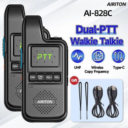 2PCS AIRITON AI-828C Mini Walkie Talkie Dual PTT Wireless Copy Frequency HD Sound Portable UHF 16 Channels Long Range Ham Radio