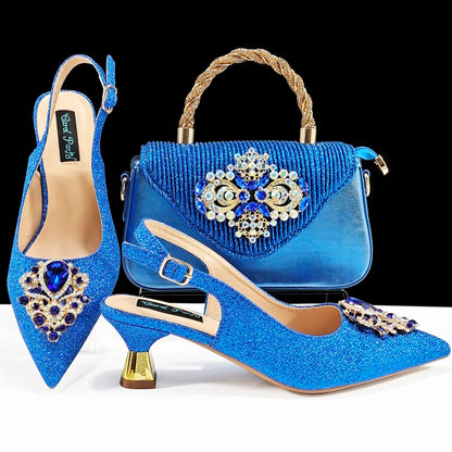 Hot Selling Elegant Noble Colorful Rhinestone Design White Color Party Wedding Pointed Toe High Heel Women Shoes and Bag Set