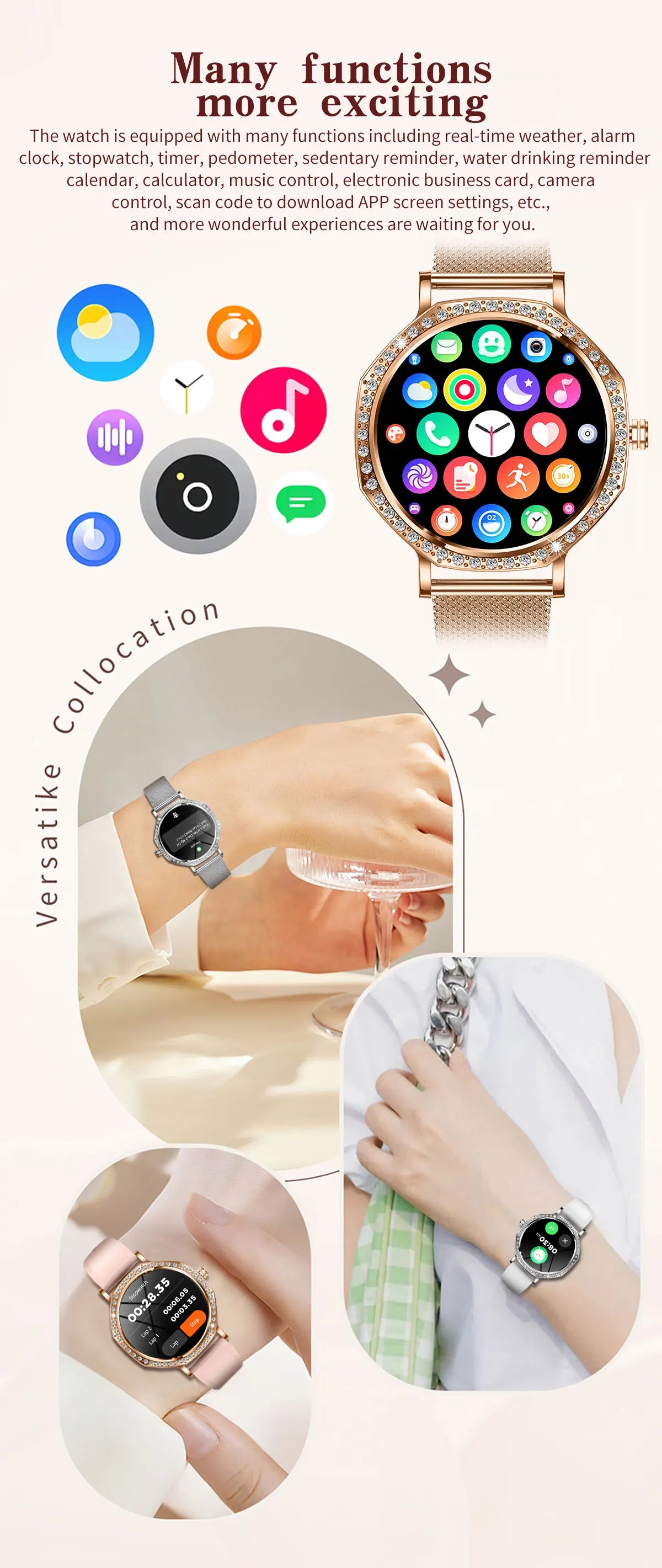 2026 New Ladies' Fashion Smartwatch Diamond Frame HD AMOLED Screen Bluetooth Call Health Monitoring Waterproof Smart Watch Gift