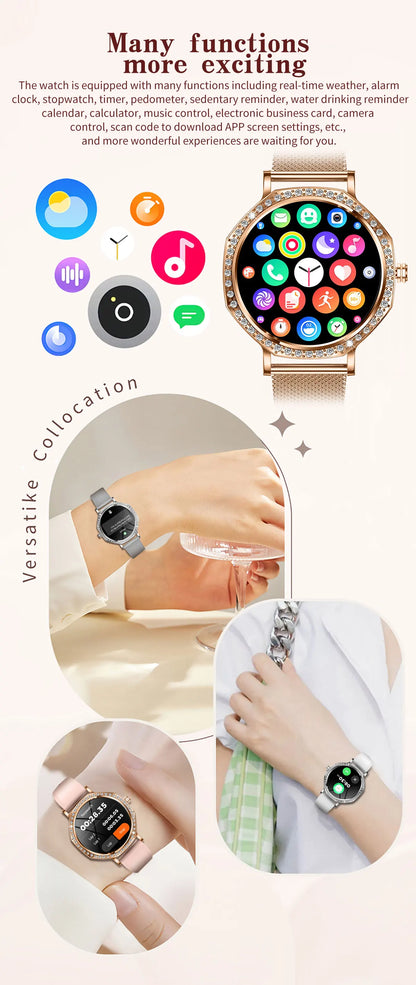 2026 New Ladies' Fashion Smartwatch Diamond Frame HD AMOLED Screen Bluetooth Call Health Monitoring Waterproof Smart Watch Gift