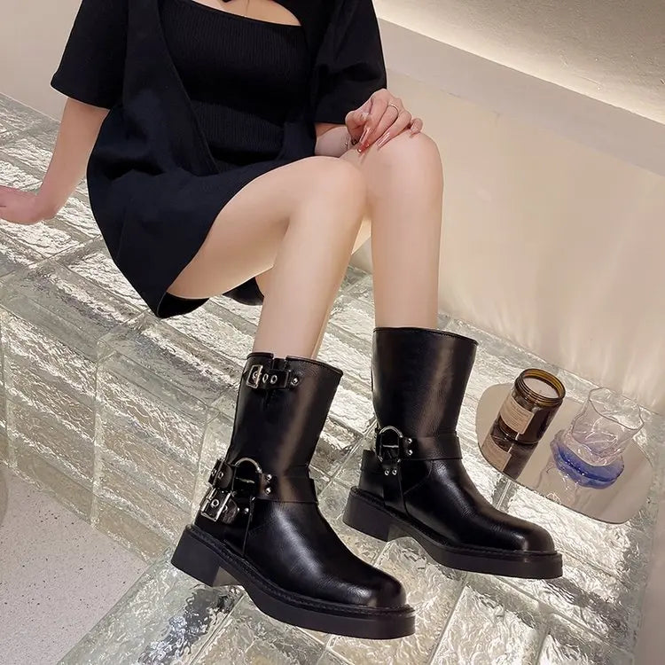 Women's Ankle Boots Autumn Work Fashion Elegant Punk New in Black Luxury Low Heel Round Toe Leather Dropshipping Center Footwear