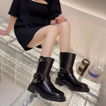 Women's Ankle Boots Autumn Work Fashion Elegant Punk New in Black Luxury Low Heel Round Toe Leather Dropshipping Center Footwear