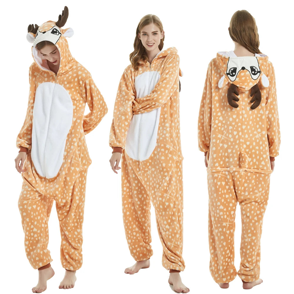 Adults Animal Cosplay Pajamas Flannel Onesies Costume Jumpsuit Pajamas Hooded Sleepwear Halloween One Piece for Performing