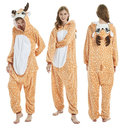 Adults Animal Cosplay Pajamas Flannel Onesies Costume Jumpsuit Pajamas Hooded Sleepwear Halloween One Piece for Performing