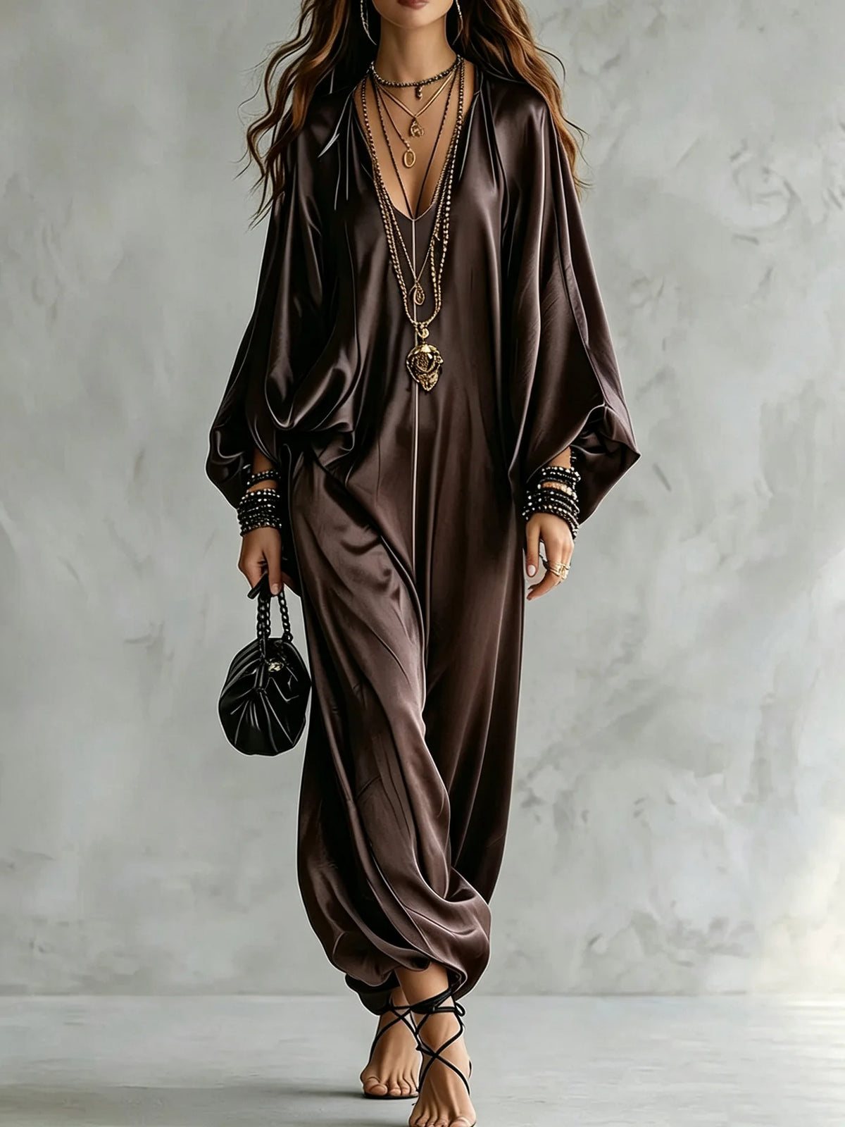 New Spring Autumn Solid V Neck Batwing Sleeve Loose Jumpsuit Women Fashion Satin Wide Leg Pants Jumpsuits Casual Holiday Rompers