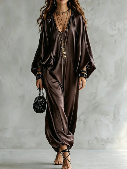 New Spring Autumn Solid V Neck Batwing Sleeve Loose Jumpsuit Women Fashion Satin Wide Leg Pants Jumpsuits Casual Holiday Rompers