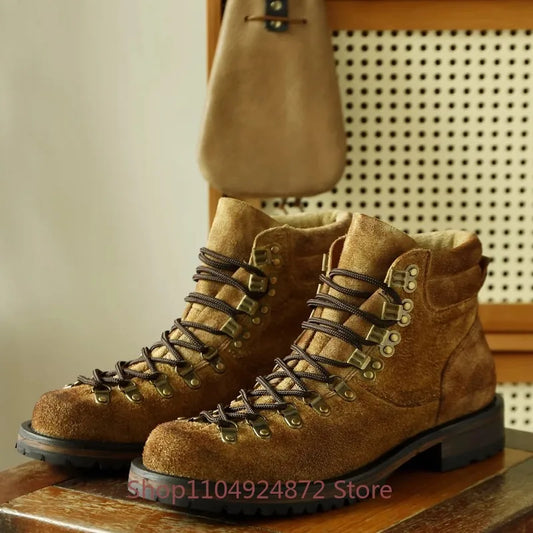 Man American Retro Round Toe Genuine Leather Sewing Ankle Boots Men's Shoes Western Desert Outdoor Motorcycle Boots Oxfords