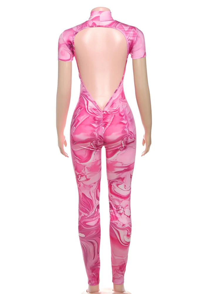 kliou Sexy Printed Women Jumpsuits Fashion New Back Hollow Full Sleeve Stand Collar Slim Overalls Female Midnight Party Clubwear