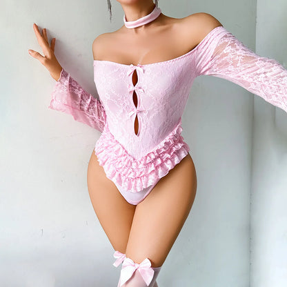 SINGREINY Off Shoulder Hotsweet Sexy Bodysuits Women Long Sleeves Ruffles Sweet Rompers Hollow Out Floral Lace Pink Playsuits