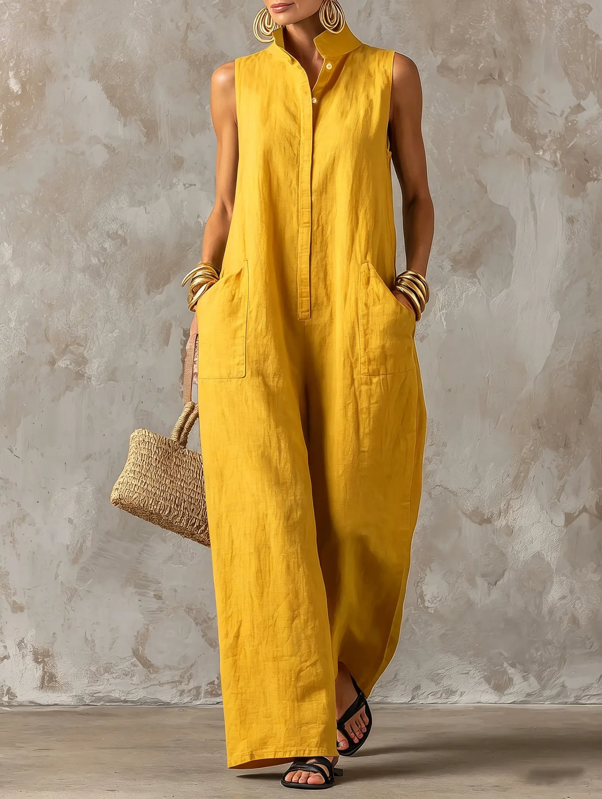 Women Linen Sleeveless Jumpsuit Stand Collar Button Down Wide Leg Long Romper Casual Loose Pockets Vacation Overalls