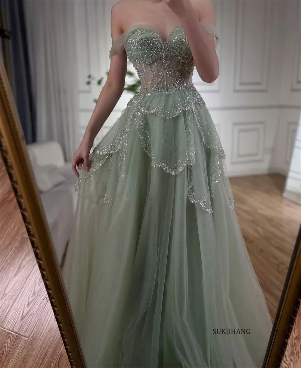 SUKUHANG Handmade Evening Dresses Layer Beaded Tulle Evening Dresses Off the Shoulder A-Line Prom Dresses Customized