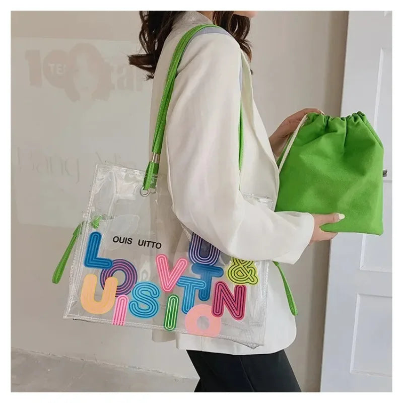 New FashionTransparent Tote Bag for Women Large Capacity Jelly Shoulder Handbag Versatile Casual Crossbody Bag for Spring Summer