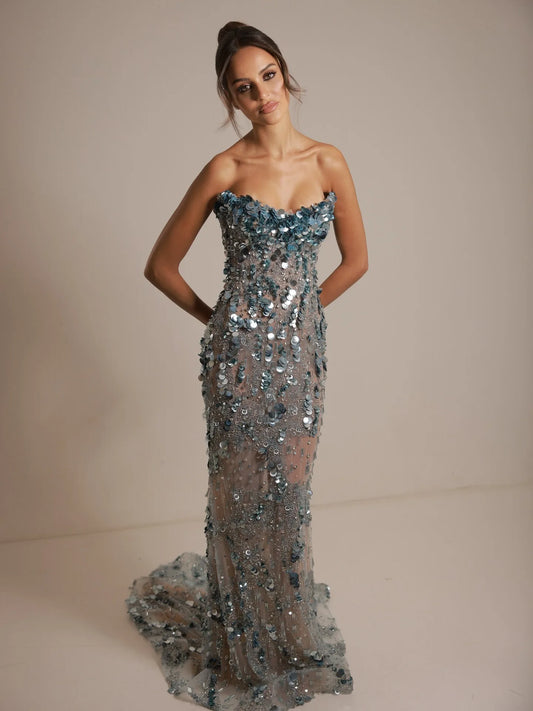 Glitter Bespoke Formal Prom Dresses Strapless Sleeveless Sequins Floor Length Beading Evening Gowns Special Occasions For Women