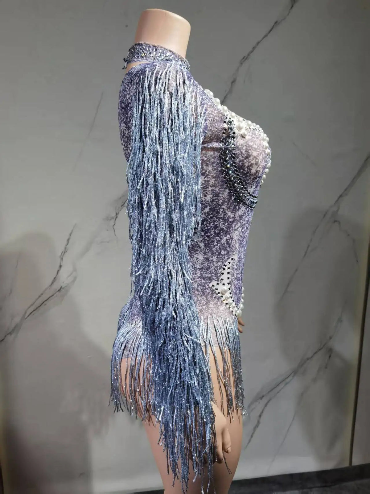 Luxury Gray Fringe Silver Rhinestones Pearls Transparent Bodysuit Women Dance Show Costume Birthday Party Outfit