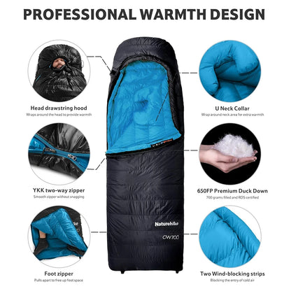 Naturehike CW700 Envelope Duck Down Sleeping Bag Winter Warm 650FP Down Sleeping Bag Camping Hiking Ultralight Sleeping Bag for Men & Women