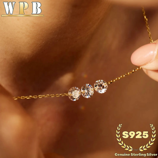 Genuine S925 Silver 3 Sparkling Zircon Necklace Dainty Sliding - Adjustable Length  Minimalist Luxury Jewelry for Men and Women