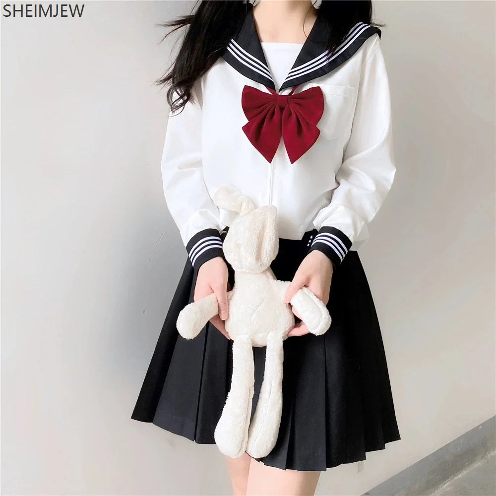 Japanese School Uniform Cute Girl Jk Suit Black Collar White Three-piece Suit Campus Sailor Suit Bow Long-sleeved Suit Uniform
