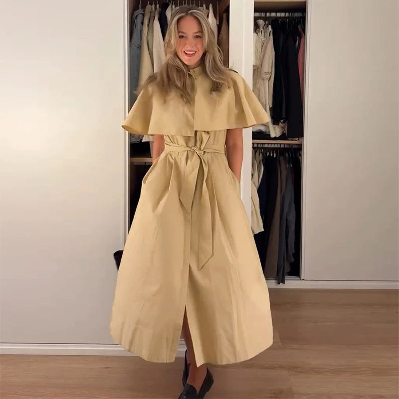 Cape Shawl Women's Trench Coat Turn Down Collar Single Breasted Windbreaker Jacket Long Casual Street Autumn Daily Outerwears
