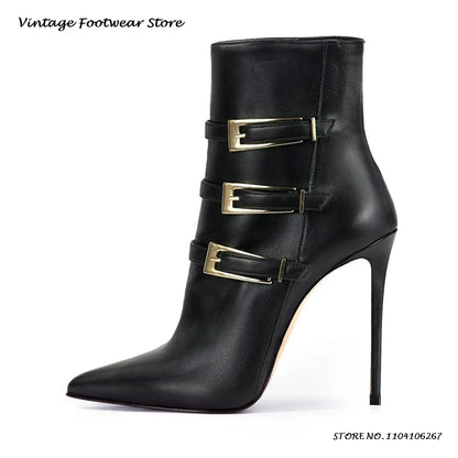 Triple Belt Buckle Leather Ankle Boots Sexy Pointed Toe 12cm High Stilleto Booties Women's Spring Autumn Side Zip Modern Boots