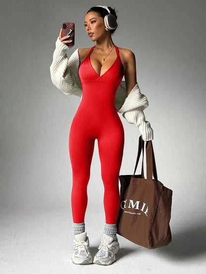 Solid Color High Elasticity Sports Overhead Sleeveless Backless Yoga Compression Leggings