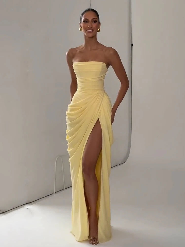 Sexy Solid Pleated Halter Dress Women Fashion Sleeveless Backless Waist-cinching Split Maxi Dresses 2026 Summer Lady Party Gowns