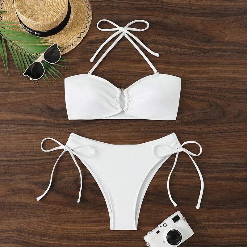 High Waist Bikini Women's Swimsuit 2026 Knotted Bathing Suits Woman Swimwear Bandeau Push Up Bikinis Sets Brazilian Beach Wear