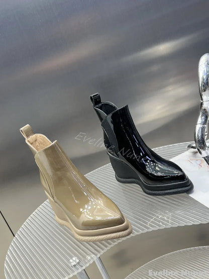 Fashion Height Increasing Wedges Ankle Boots Women Pointed Toe Platform Slip On Solid Leather Boots 2025 Simple Comfortable Boot