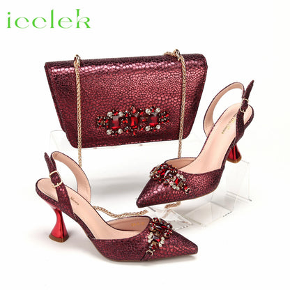 2025 New Elegant Nigerian Women’s Wine Color Heeled Shoes and Rhinestone Handbag Set Italian Design for Parties and Weddings