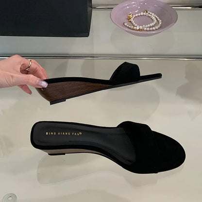 Flock Fashion Round Toe Women Wedges Slippers Sandals Shoes Luxury Female Slides Footwear Sexy Ladies Heeled Slippers Shoes