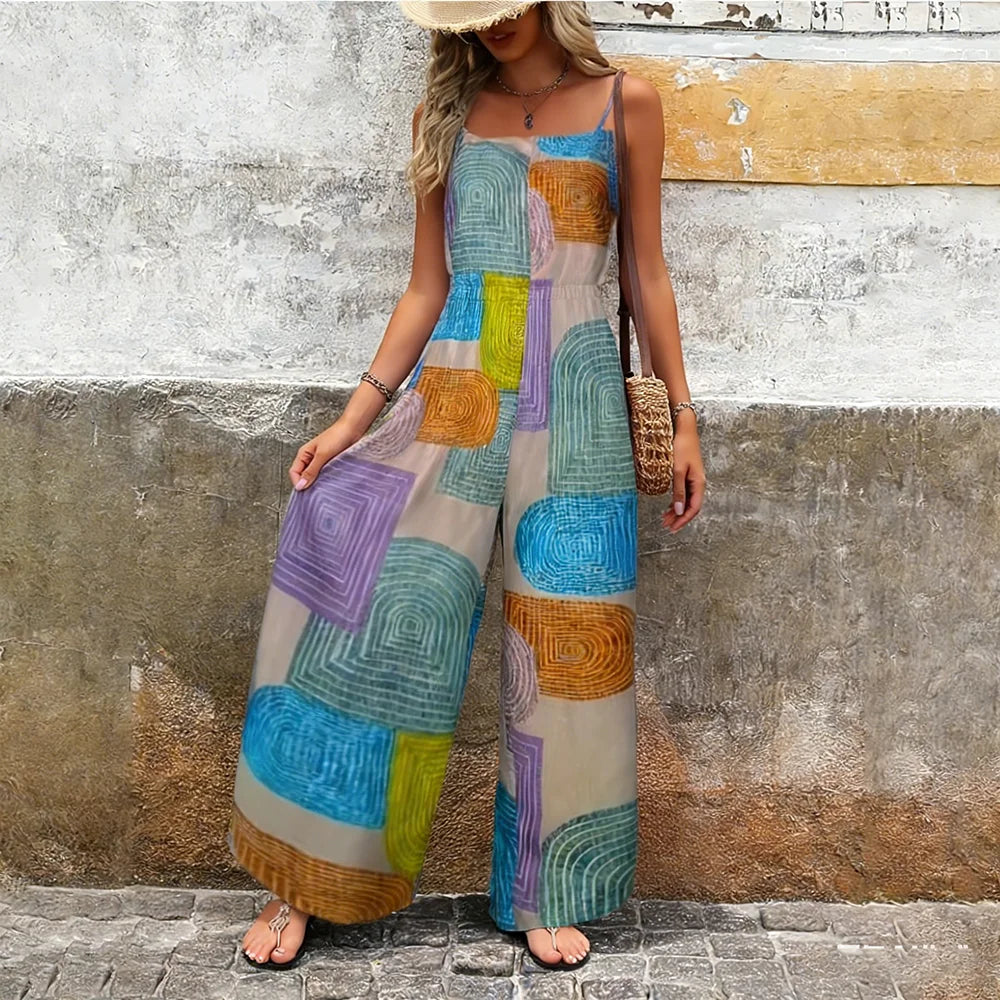 2026 Summer Women's Sleeveless Jumpsuit – Color Block Geometric Print, Spaghetti Strap, Wide-Leg Loose Vacation Romper